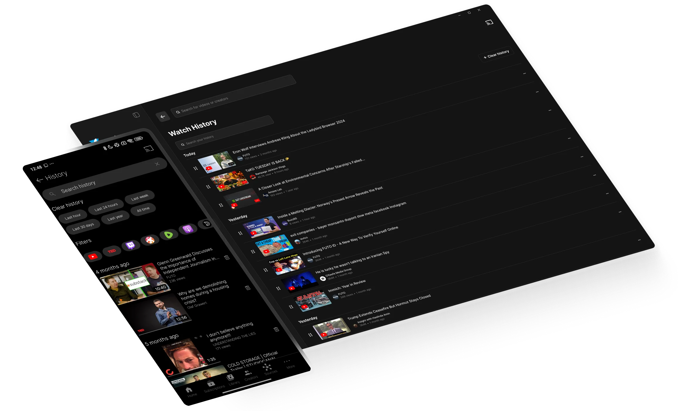 Grayjay preview showing mobile and desktop feeds