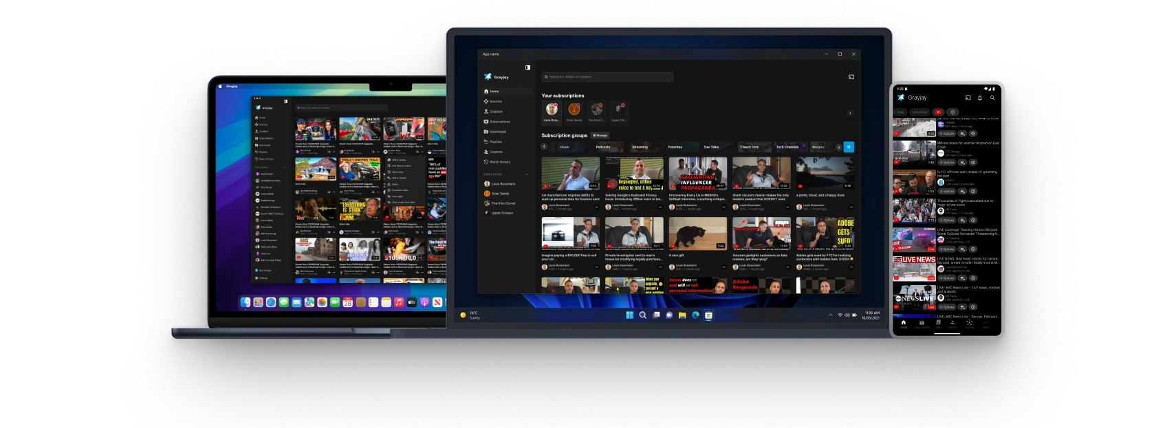 Grayjay shown on macOS, Windows, and Android devices